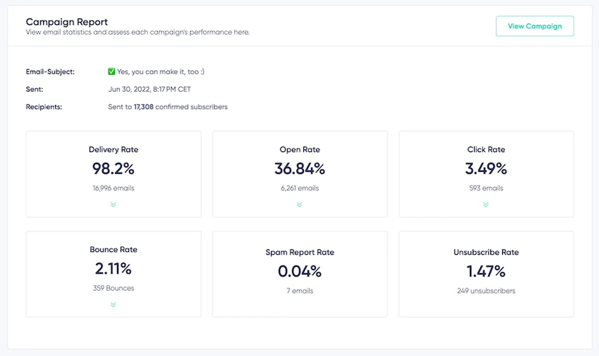 Email Marketing Campaign report showing key email KPIs: Open, Click, Bounce Rates, for strategy optimization.