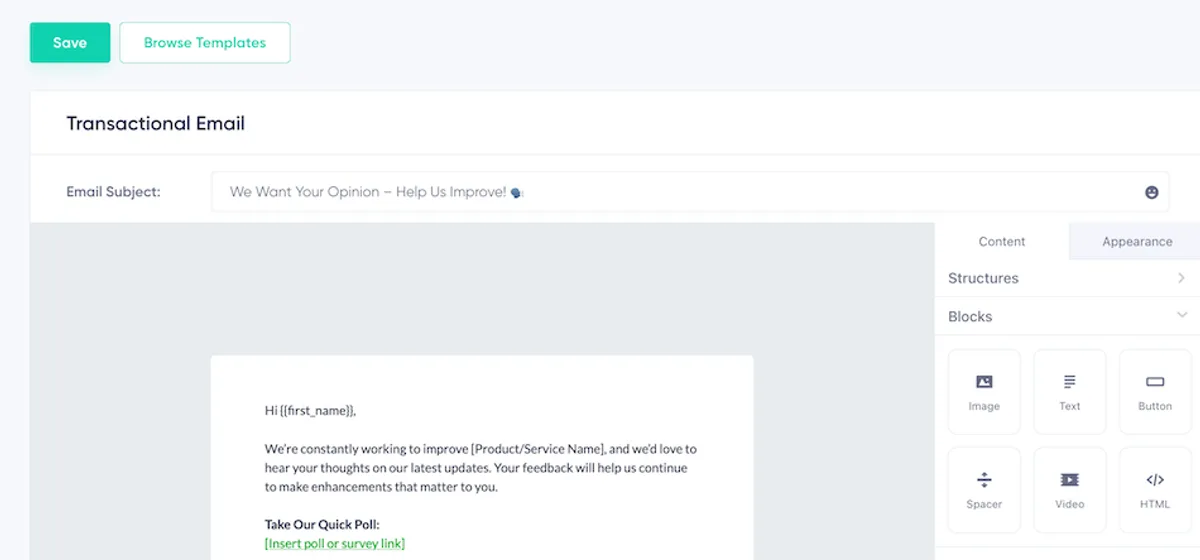 Use the drag and drop editor to edit a transactional email