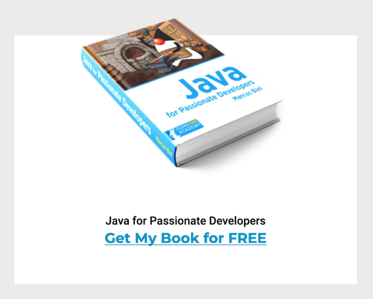 3D book image 'Java for Passionate Developers' with link for a popup sign-up form upon click.
