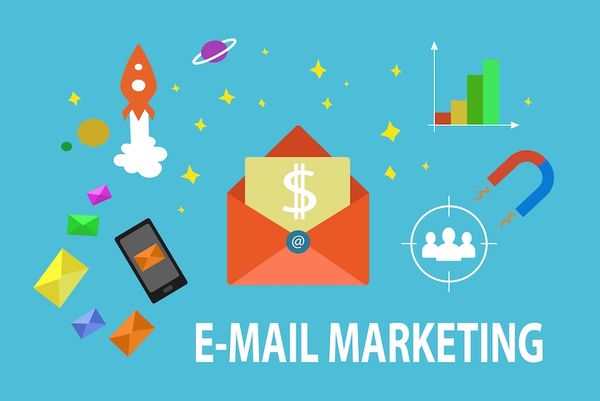 A colorful infographic with a rocket, an envelope with dollar sign, and graphs, symbolizing email campaign success.