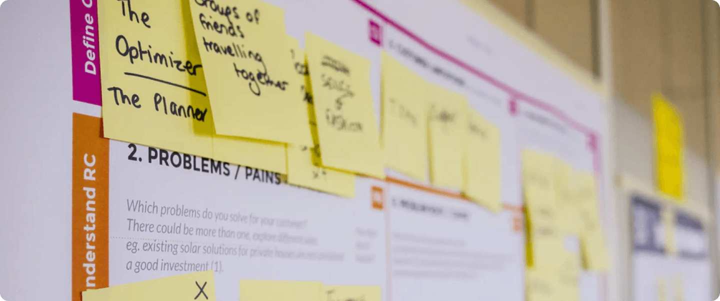 A whiteboard filled with sticky notes and business strategy plans for different types of startups.