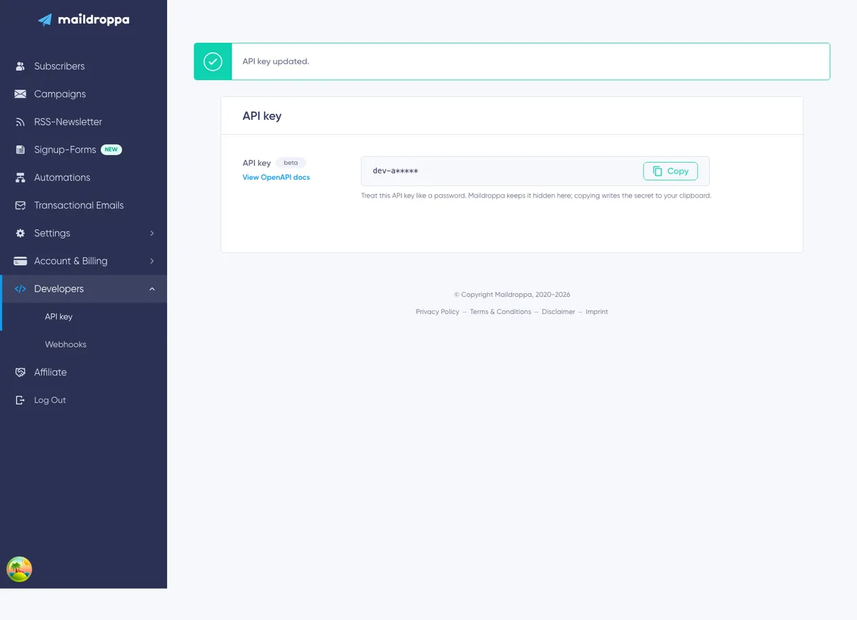 API Key: complete API key page