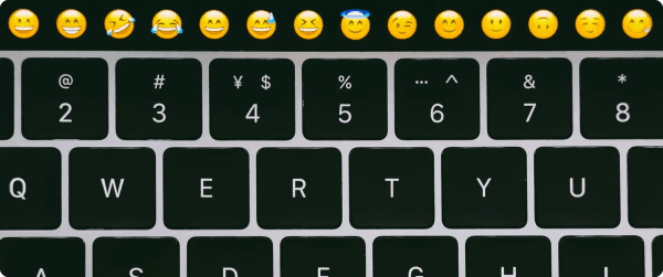 A keyboard with emojis above it, highlighting their use in subject lines.