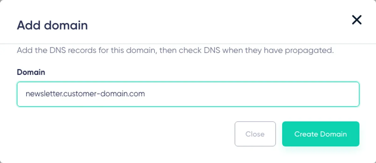 Landing Page Domains: add domain dialog