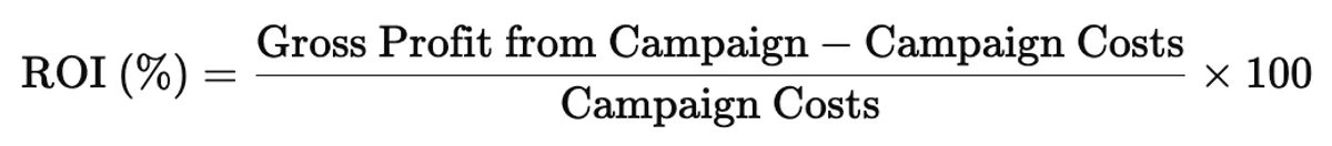 Formula for calculating ROI metric: (Gross Profit from Campaign - Campaign Costs / Campaign Costs) × 100