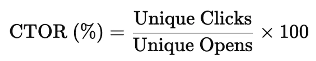 Formula for calculating the Click-to-Open Rate metric: (Unique Clicks / Unique Opens) × 100