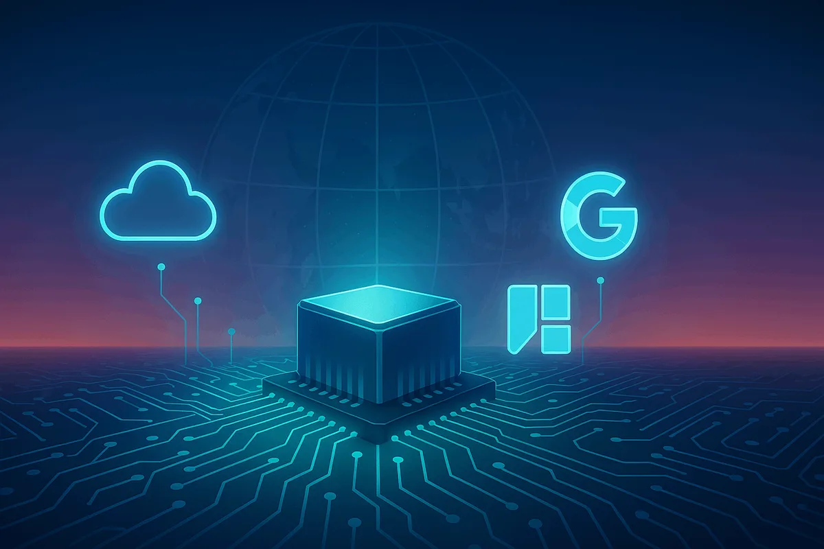 Digital CPU and circuit landscape with cloud and app icons, representing smart, cost-saving bootstrapping technology.