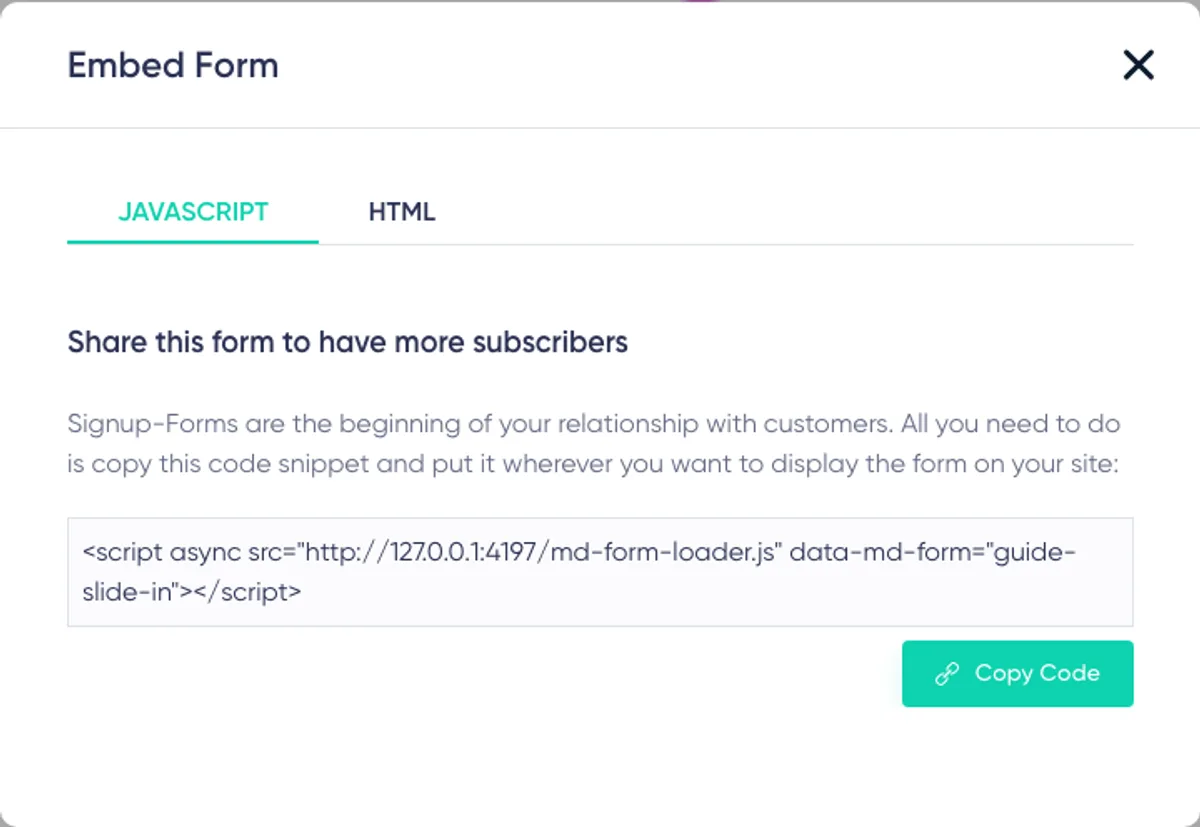 Slide-in Builder: embed form dialog