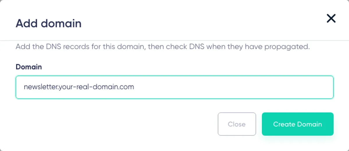 Landing Page Domains: Dialog zum Hinzufügen einer Domain